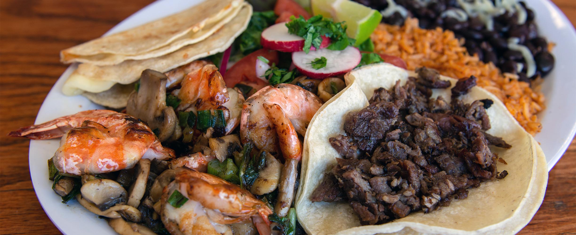 Mexican camarones (shrimp) and meat platter in San Francisco, California 